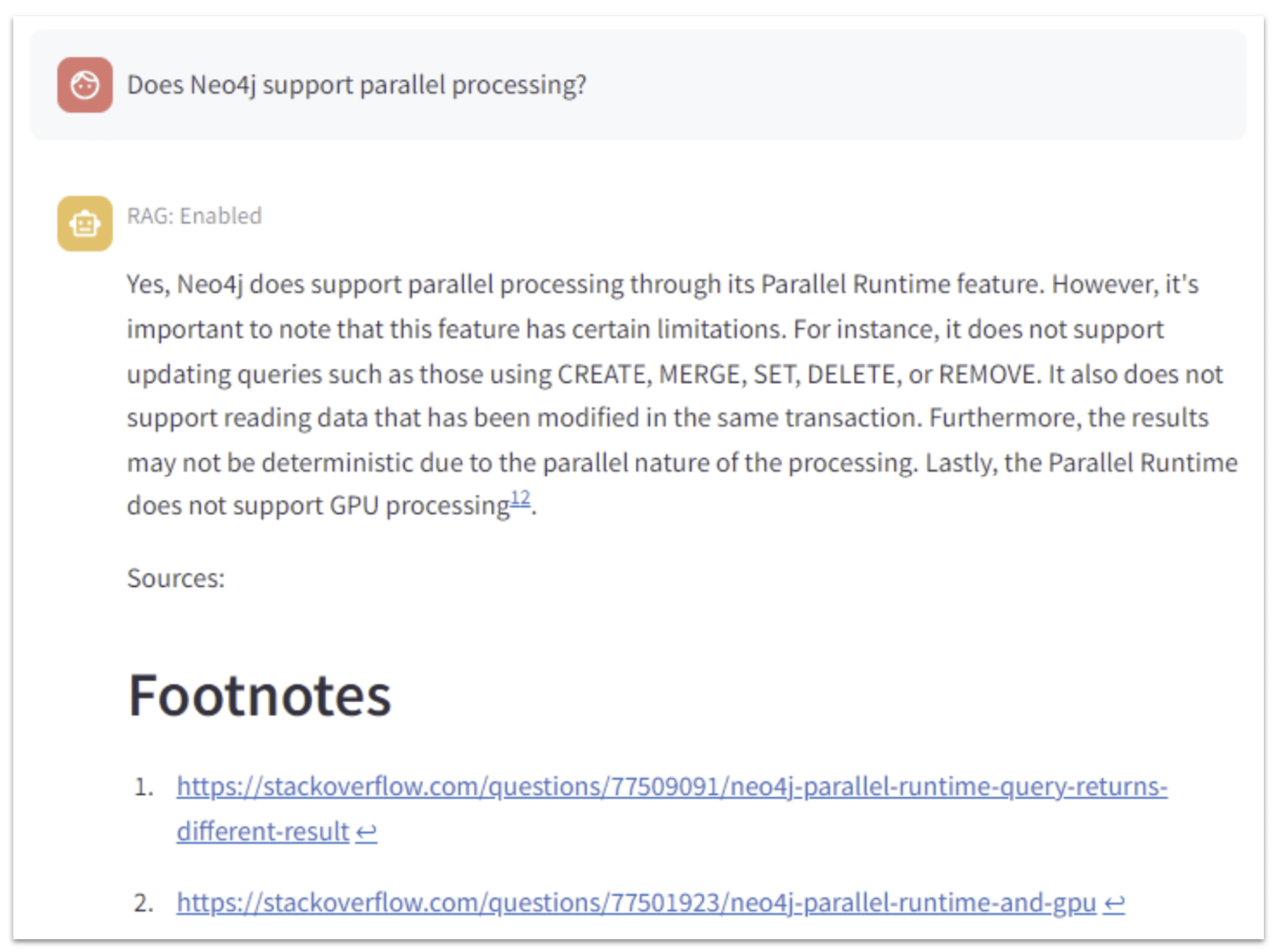An example of how a RAG may improve results from an LLM. A question is posed to a trained model and an accurate answer is produced, as well as references in the footnotes.